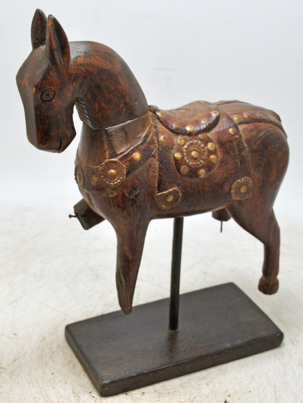 Vintage Wooden Horse Figurine on Stand Original Old Hand Carved Brass Fitted