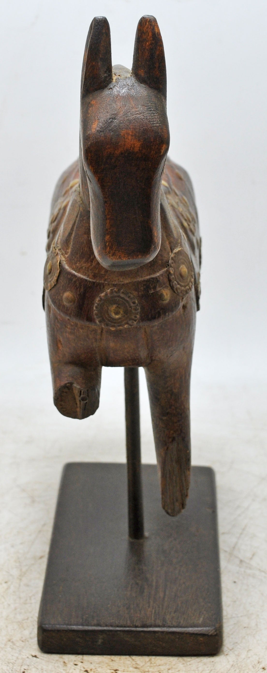 Vintage Wooden Horse Figurine on Stand Original Old Hand Carved Brass Fitted