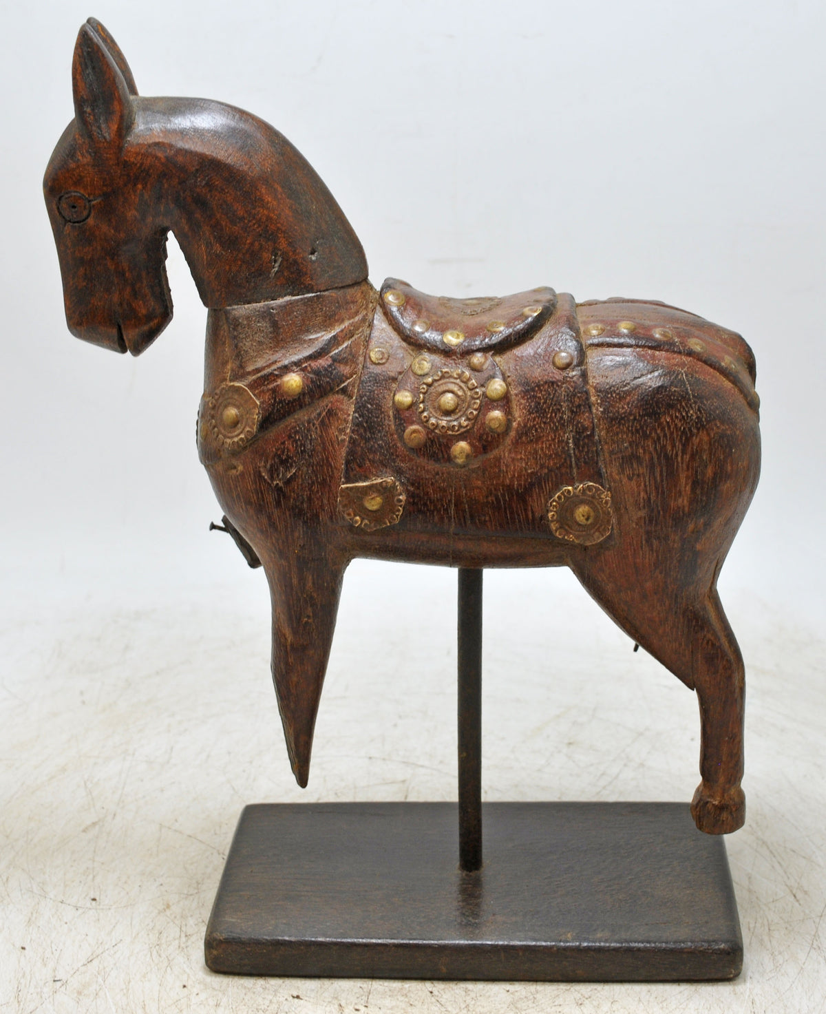 Vintage Wooden Horse Figurine on Stand Original Old Hand Carved Brass Fitted