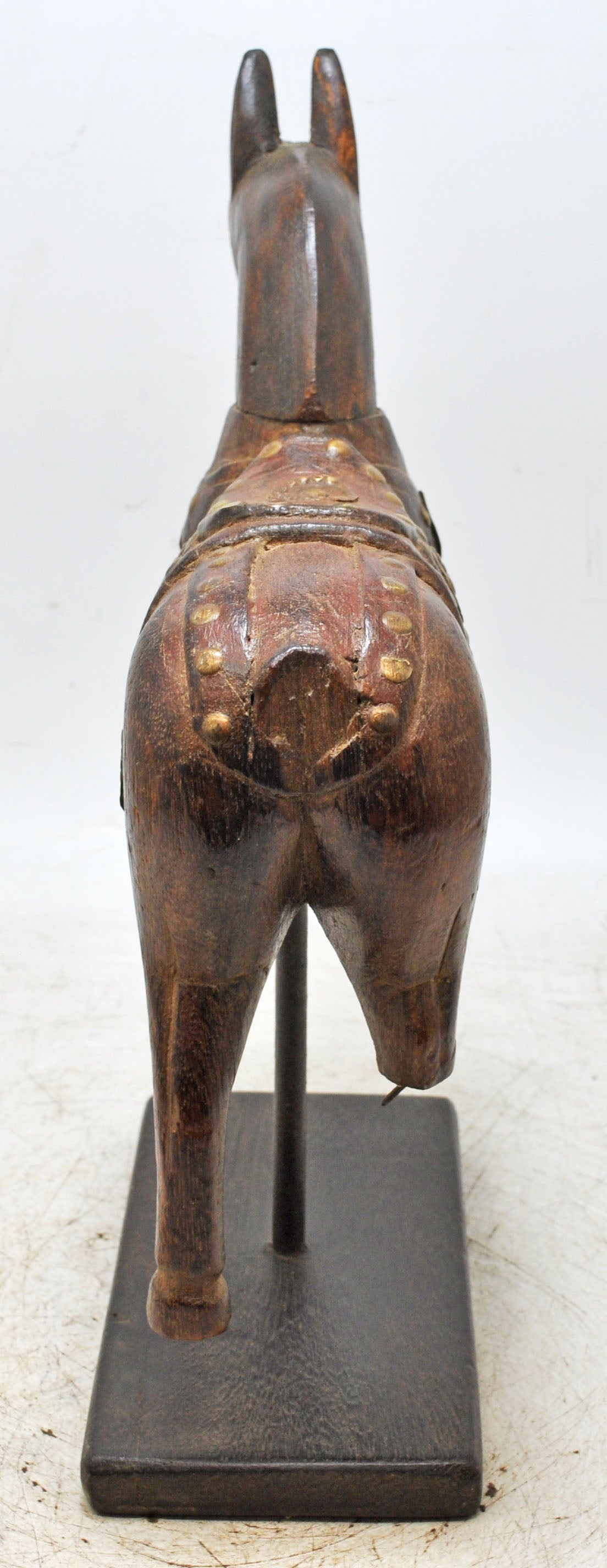Vintage Wooden Horse Figurine on Stand Original Old Hand Carved Brass Fitted