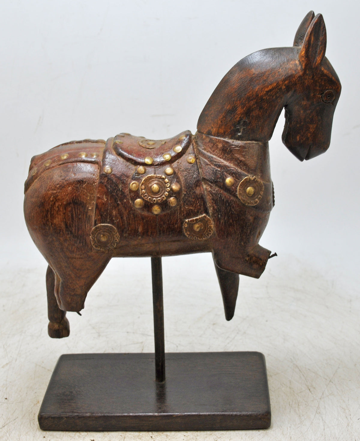 Vintage Wooden Horse Figurine on Stand Original Old Hand Carved Brass Fitted