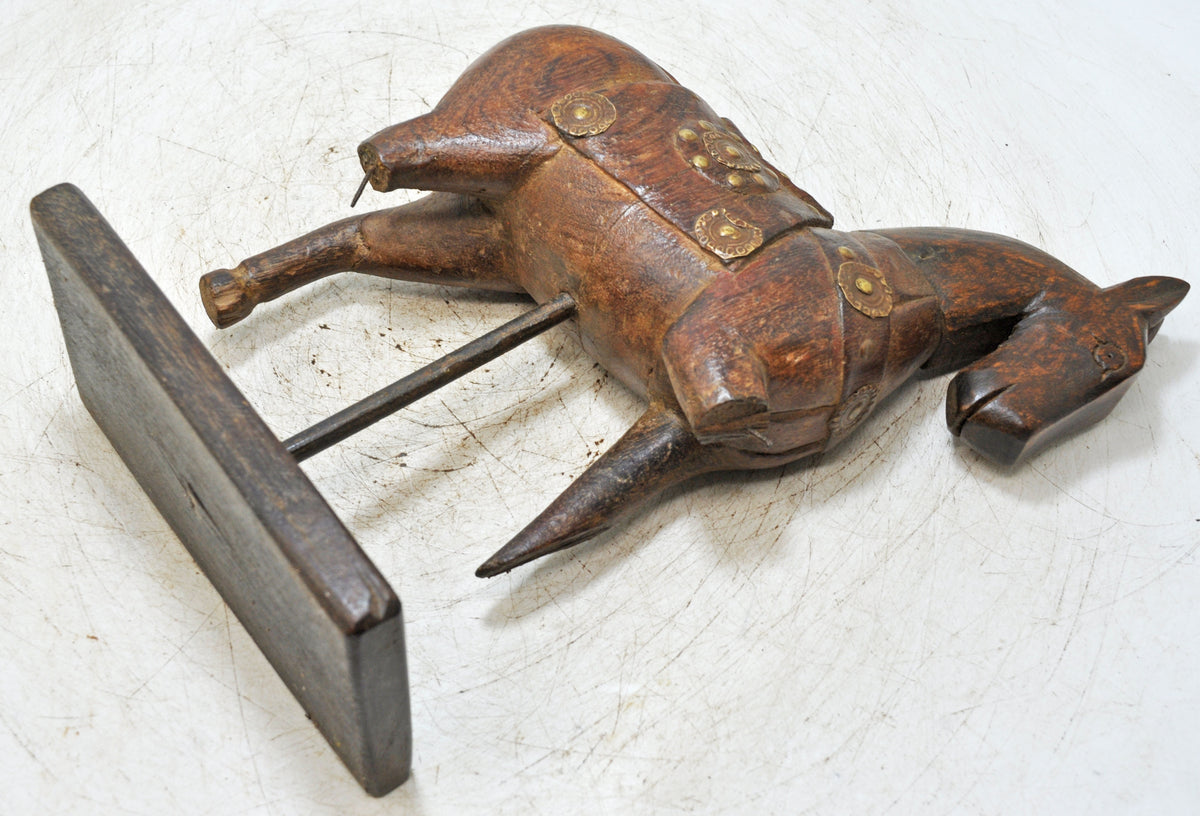 Vintage Wooden Horse Figurine on Stand Original Old Hand Carved Brass Fitted