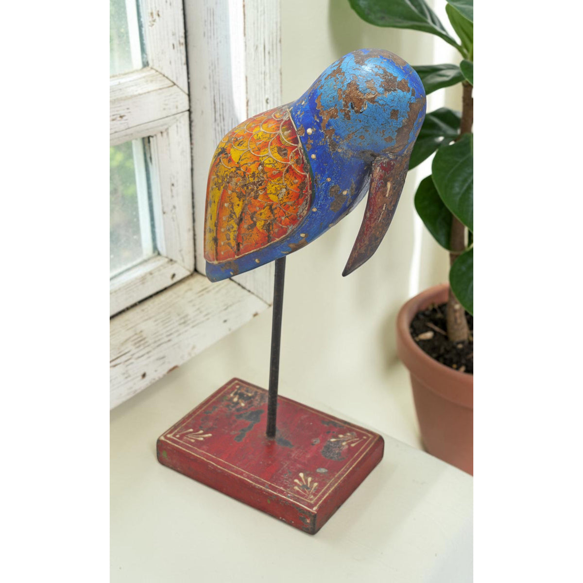 Vintage Wooden Bird Figurine on Stand Original Old Hand Carved Painted