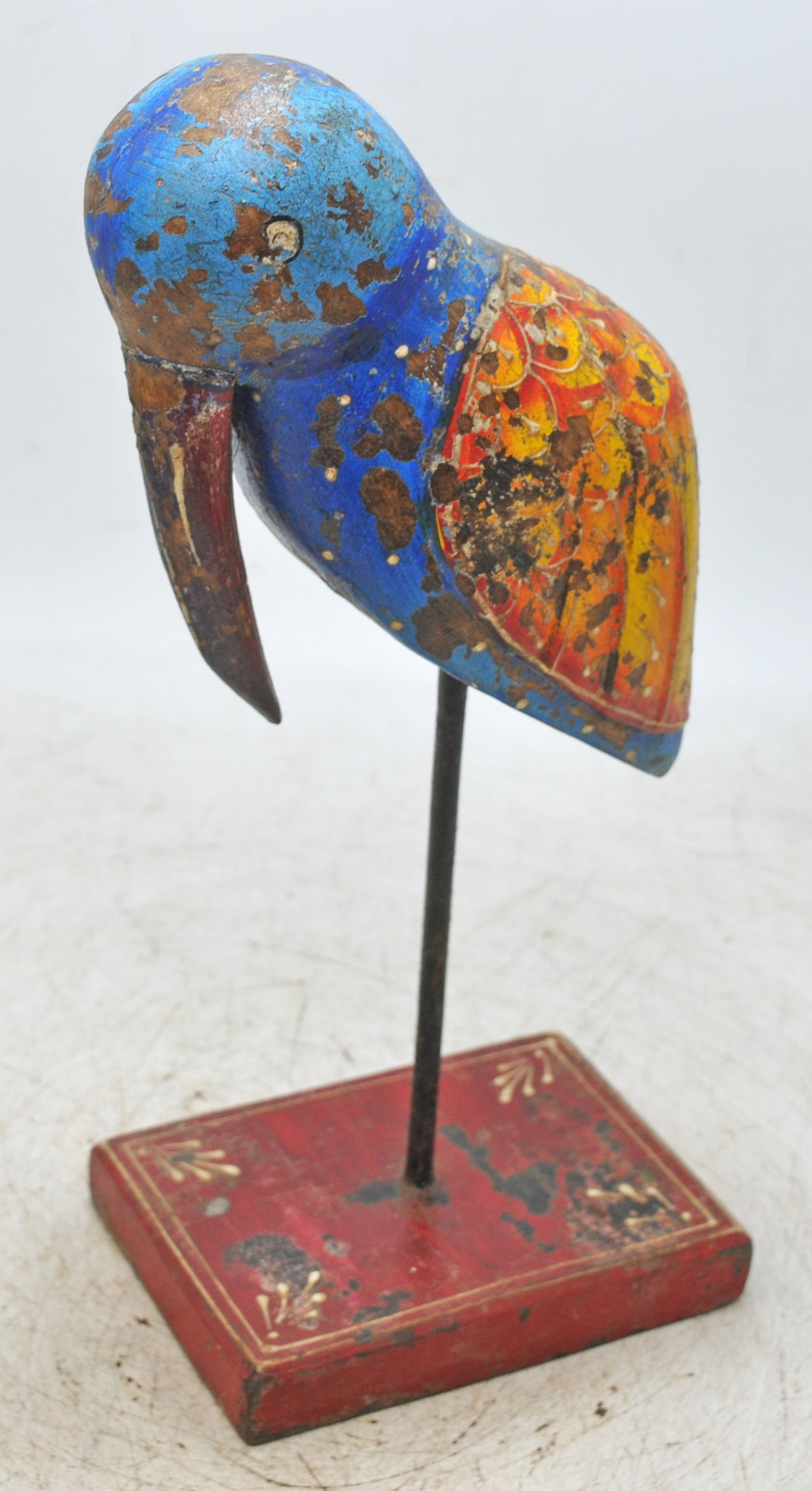 Vintage Wooden Bird Figurine on Stand Original Old Hand Carved Painted