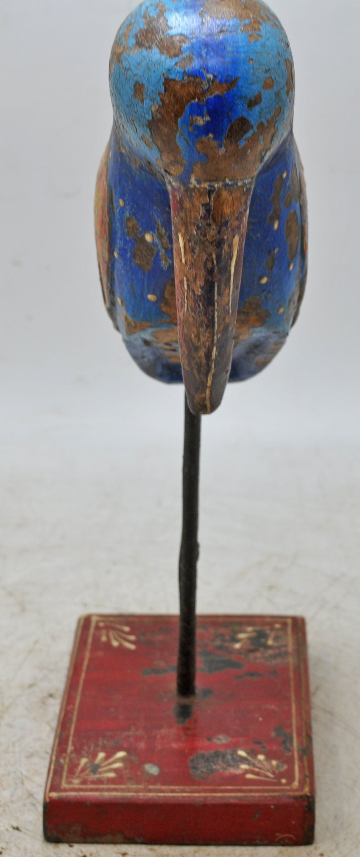 Vintage Wooden Bird Figurine on Stand Original Old Hand Carved Painted