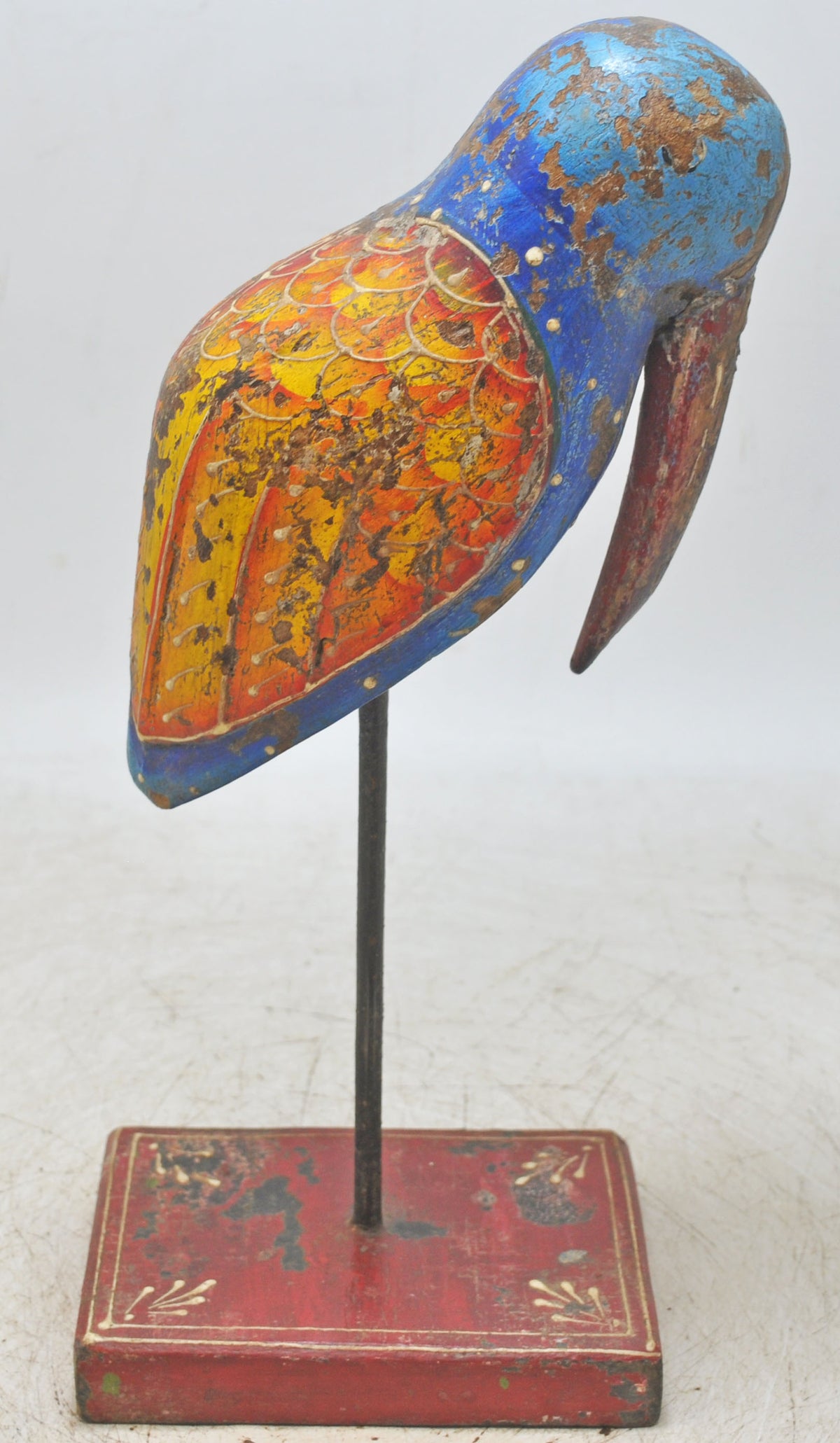Vintage Wooden Bird Figurine on Stand Original Old Hand Carved Painted