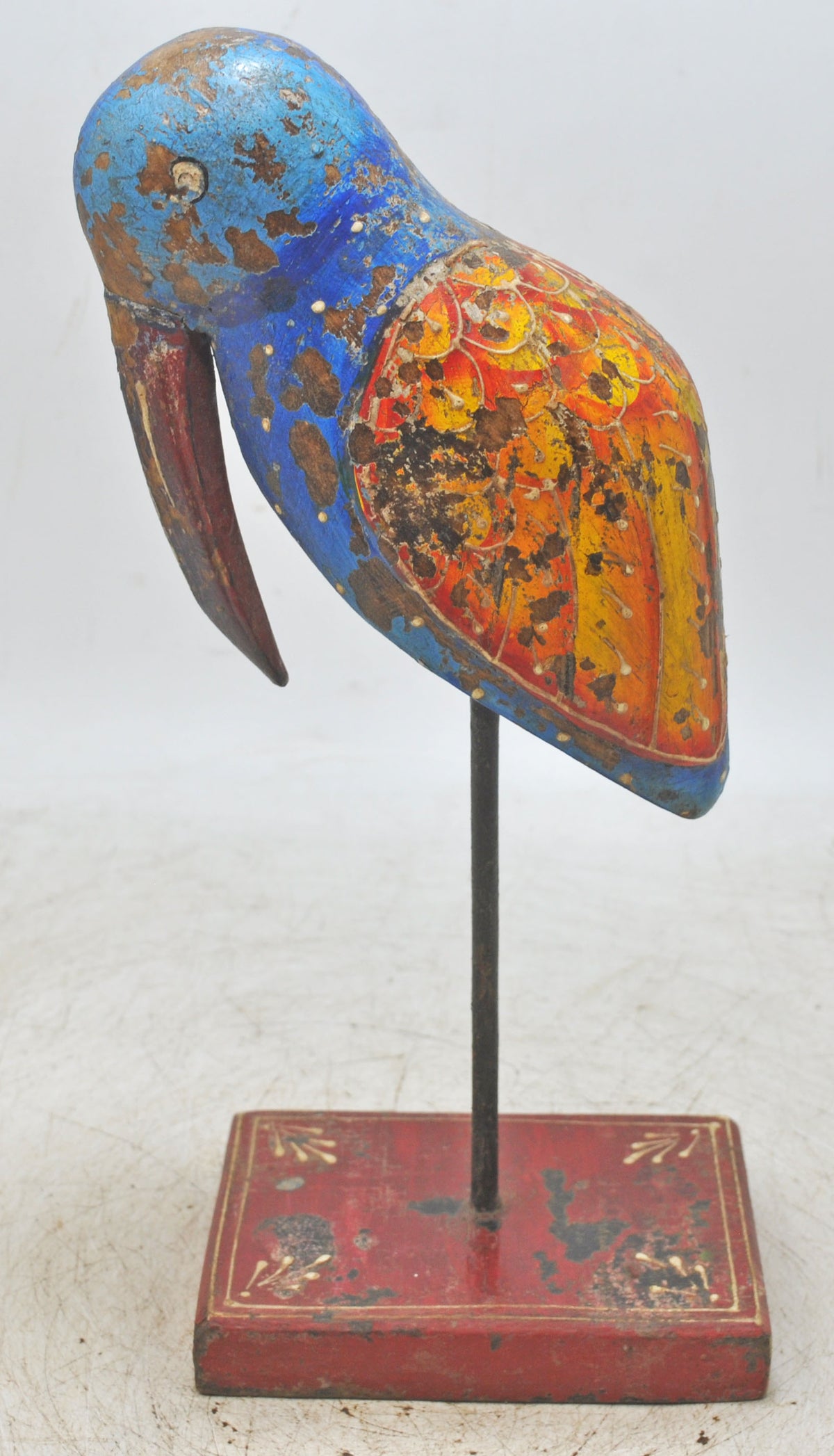 Vintage Wooden Bird Figurine on Stand Original Old Hand Carved Painted