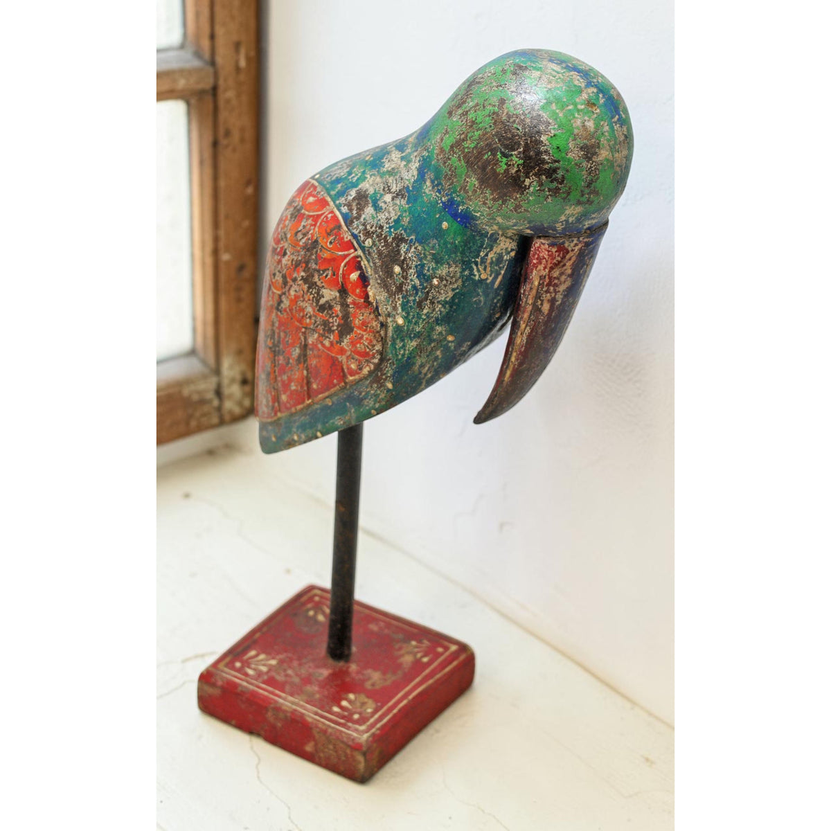 Vintage Wooden Bird Figurine on Stand Original Old Hand Carved Painted