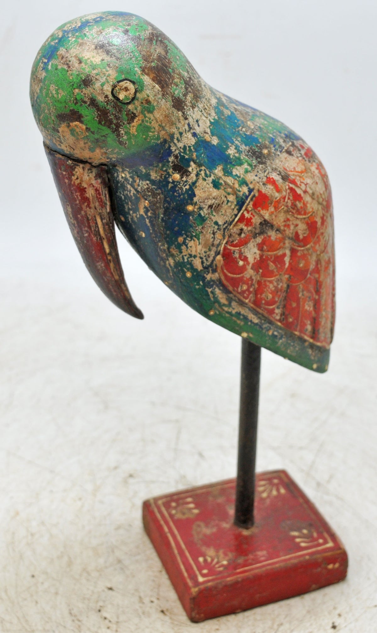 Vintage Wooden Bird Figurine on Stand Original Old Hand Carved Painted