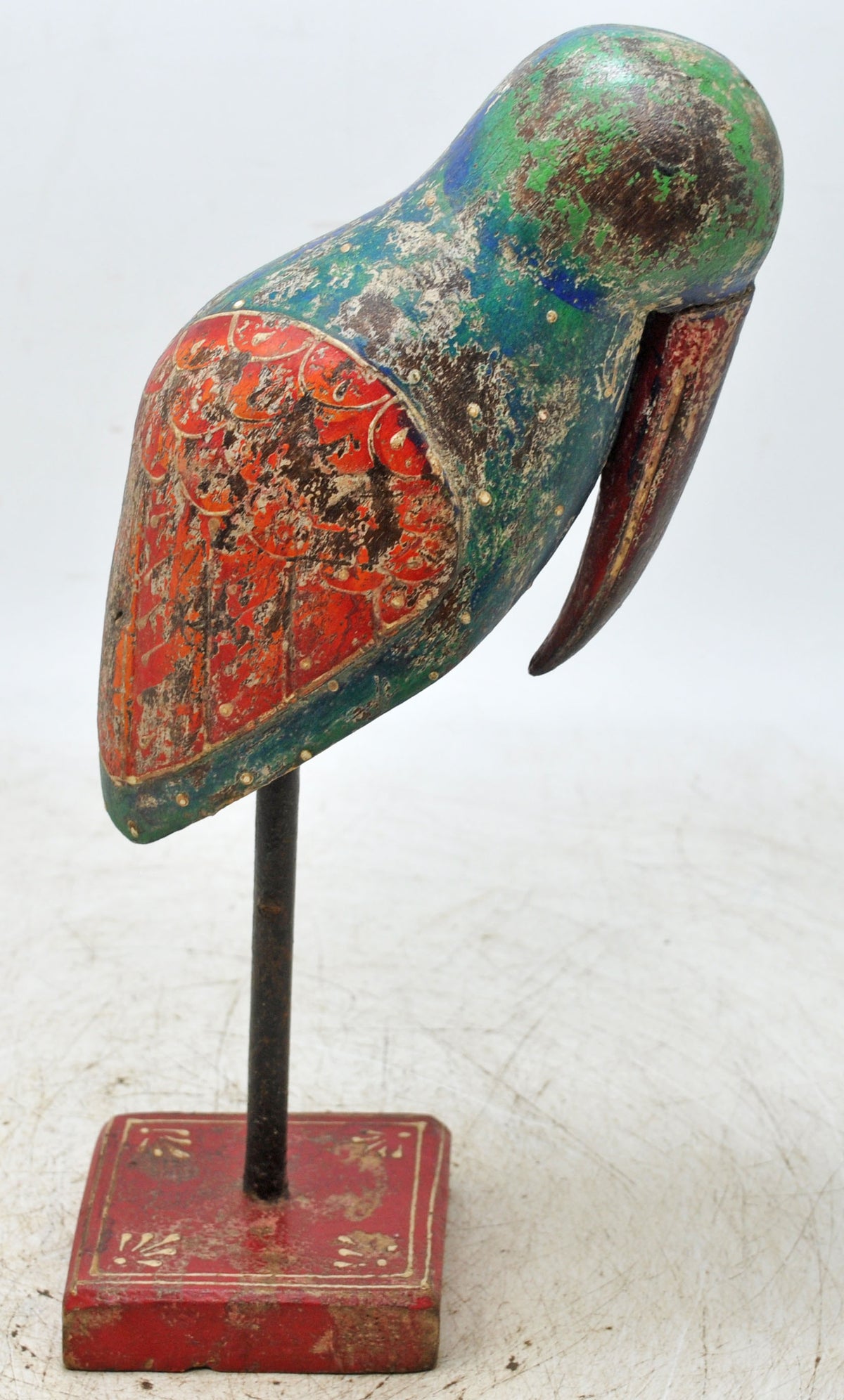 Vintage Wooden Bird Figurine on Stand Original Old Hand Carved Painted