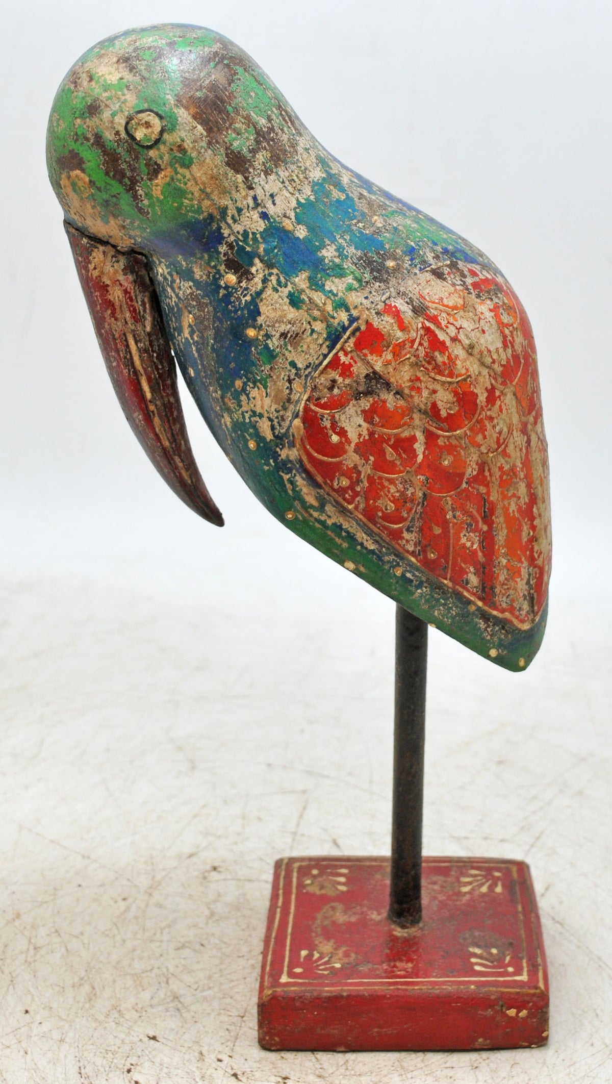 Vintage Wooden Bird Figurine on Stand Original Old Hand Carved Painted