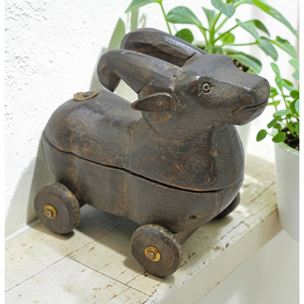 Vintage Wooden Ram on Wheels Figurine Spice Box Original Old Hand Carved