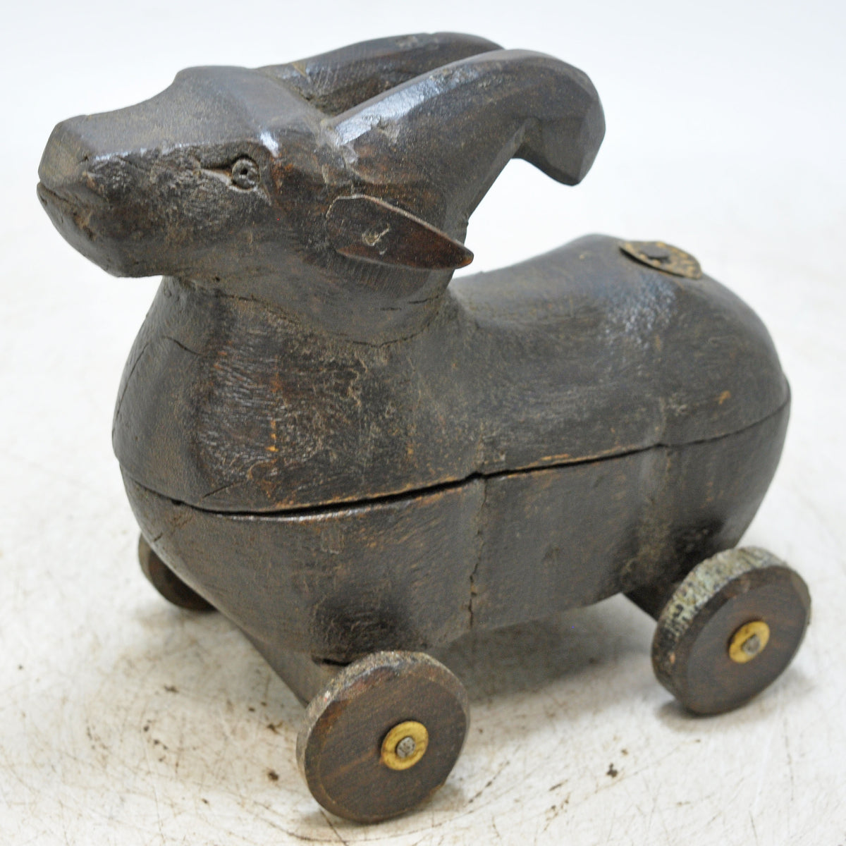 Vintage Wooden Ram on Wheels Figurine Spice Box Original Old Hand Carved