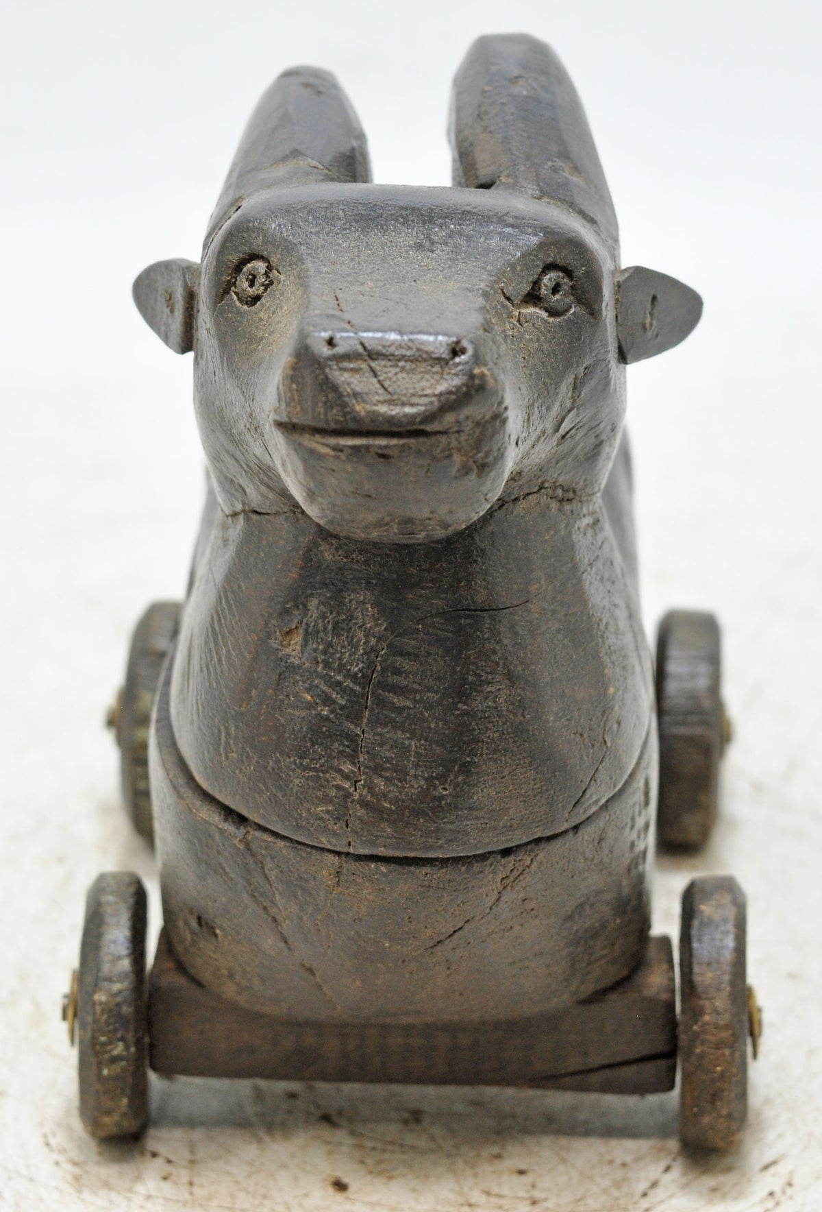 Vintage Wooden Ram on Wheels Figurine Spice Box Original Old Hand Carved