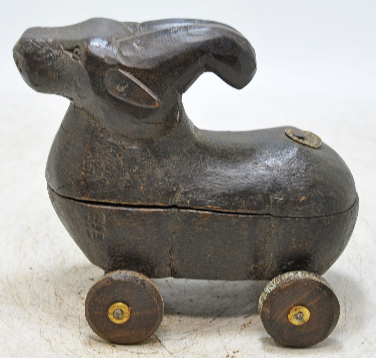 Vintage Wooden Ram on Wheels Figurine Spice Box Original Old Hand Carved