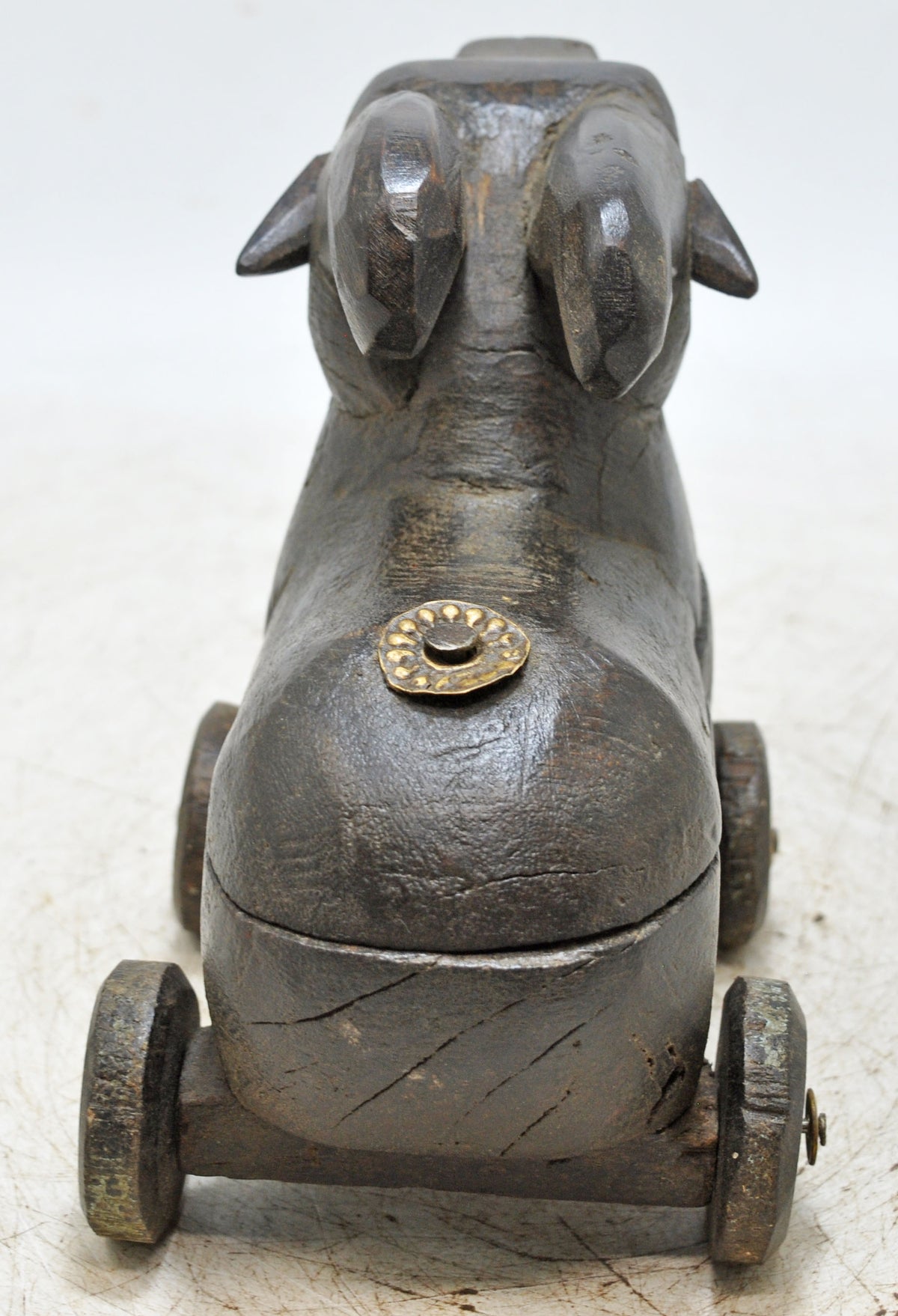 Vintage Wooden Ram on Wheels Figurine Spice Box Original Old Hand Carved