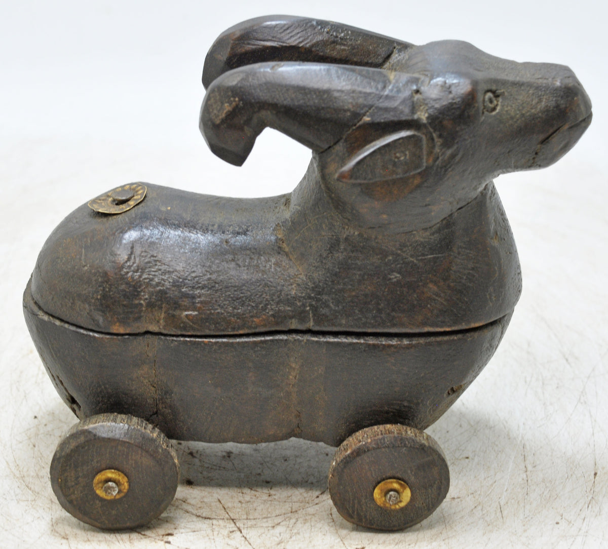 Vintage Wooden Ram on Wheels Figurine Spice Box Original Old Hand Carved