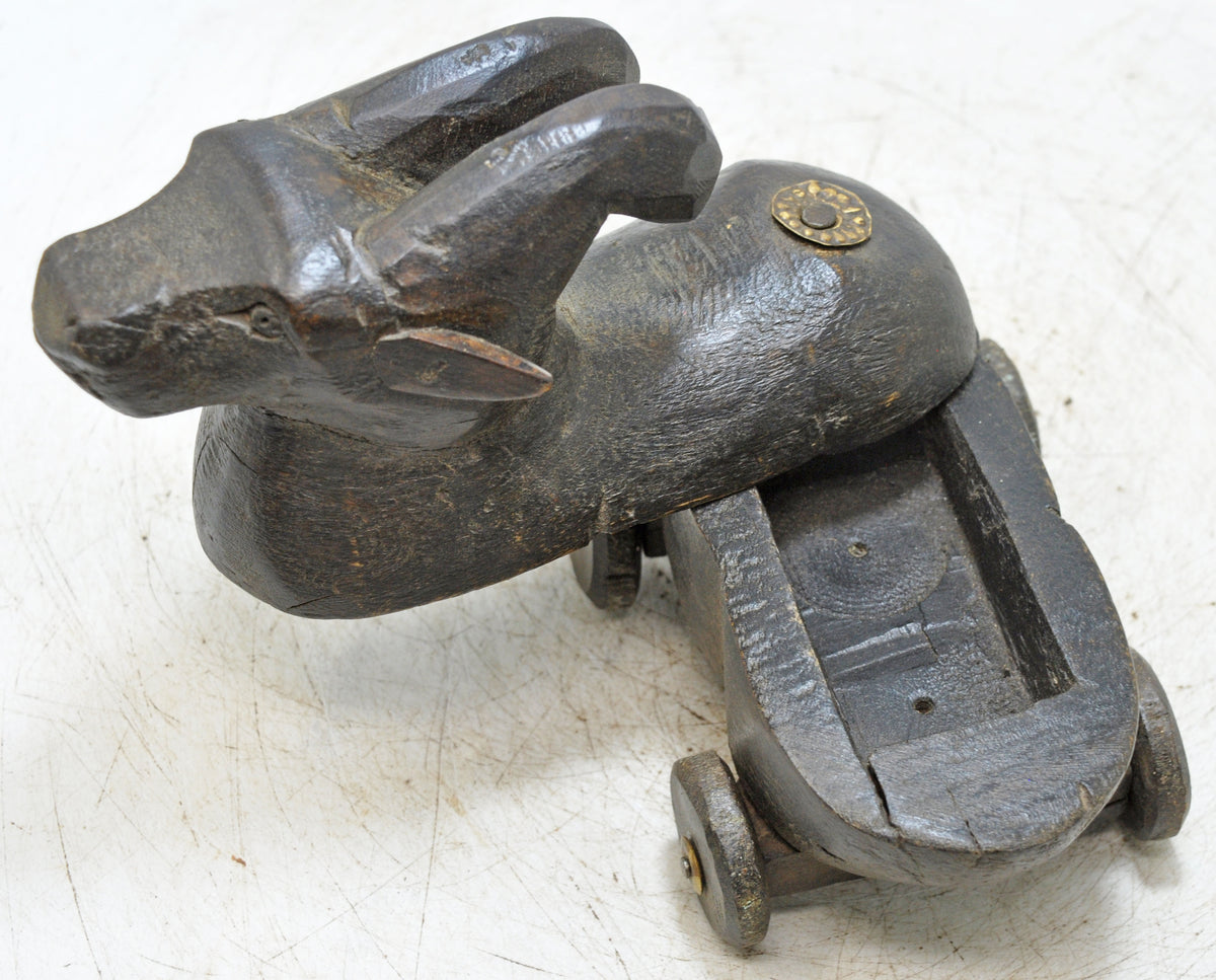 Vintage Wooden Ram on Wheels Figurine Spice Box Original Old Hand Carved
