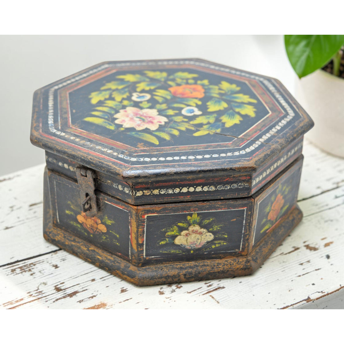 Vintage Wooden Octagonal Small Storage Box Original Old Hand Crafted Painted