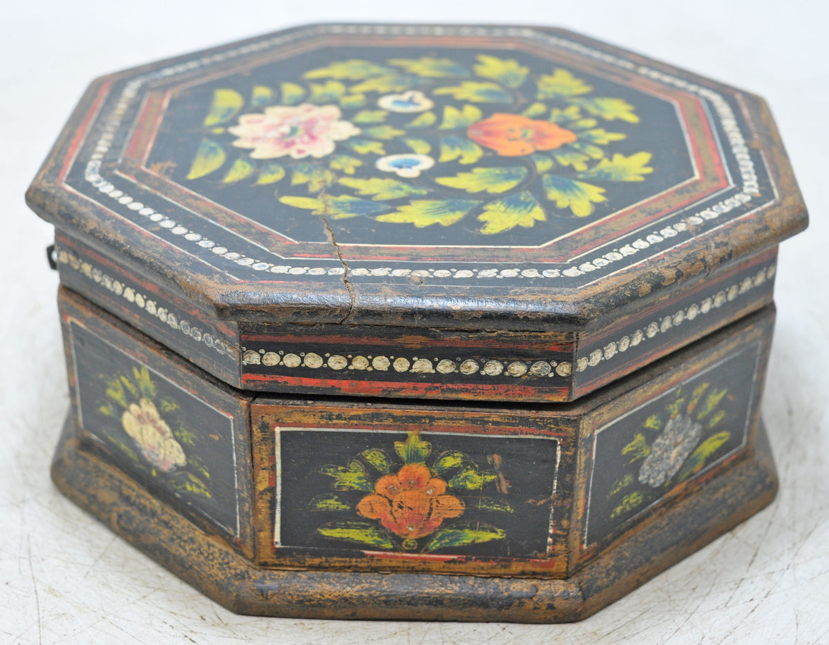 Vintage Wooden Octagonal Small Storage Box Original Old Hand Crafted Painted