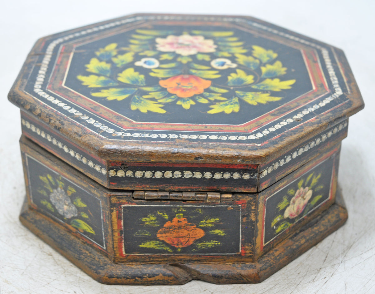Vintage Wooden Octagonal Small Storage Box Original Old Hand Crafted Painted