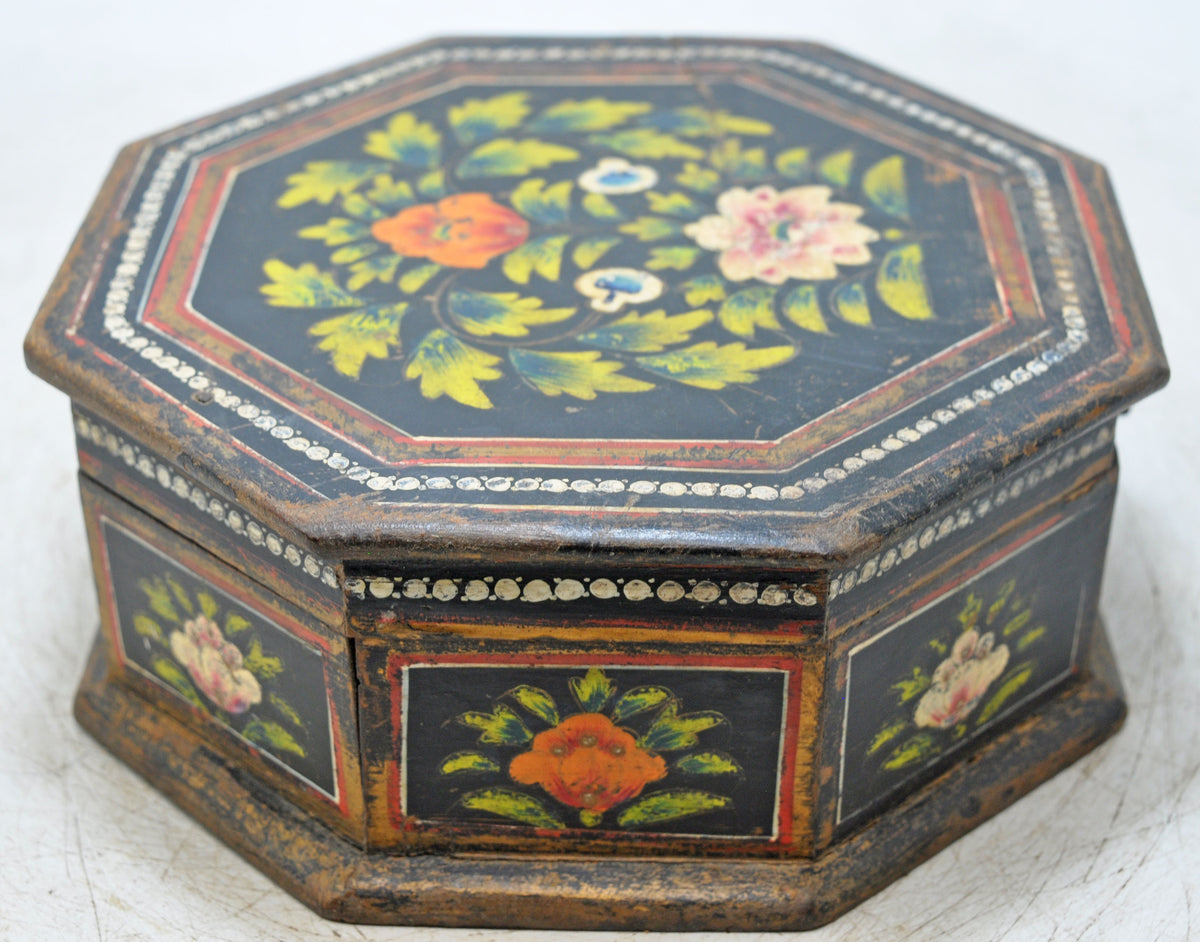 Vintage Wooden Octagonal Small Storage Box Original Old Hand Crafted Painted