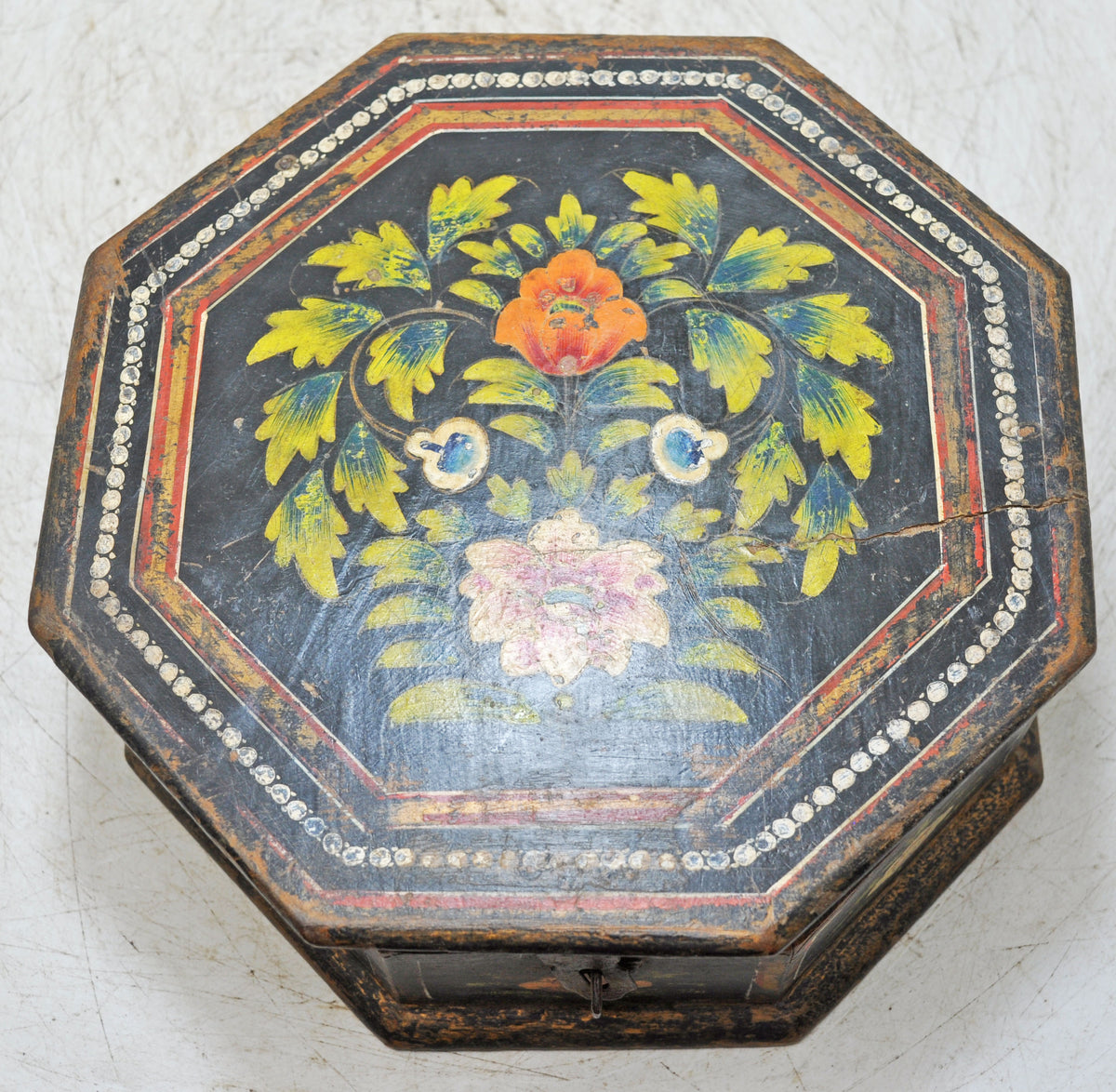 Vintage Wooden Octagonal Small Storage Box Original Old Hand Crafted Painted
