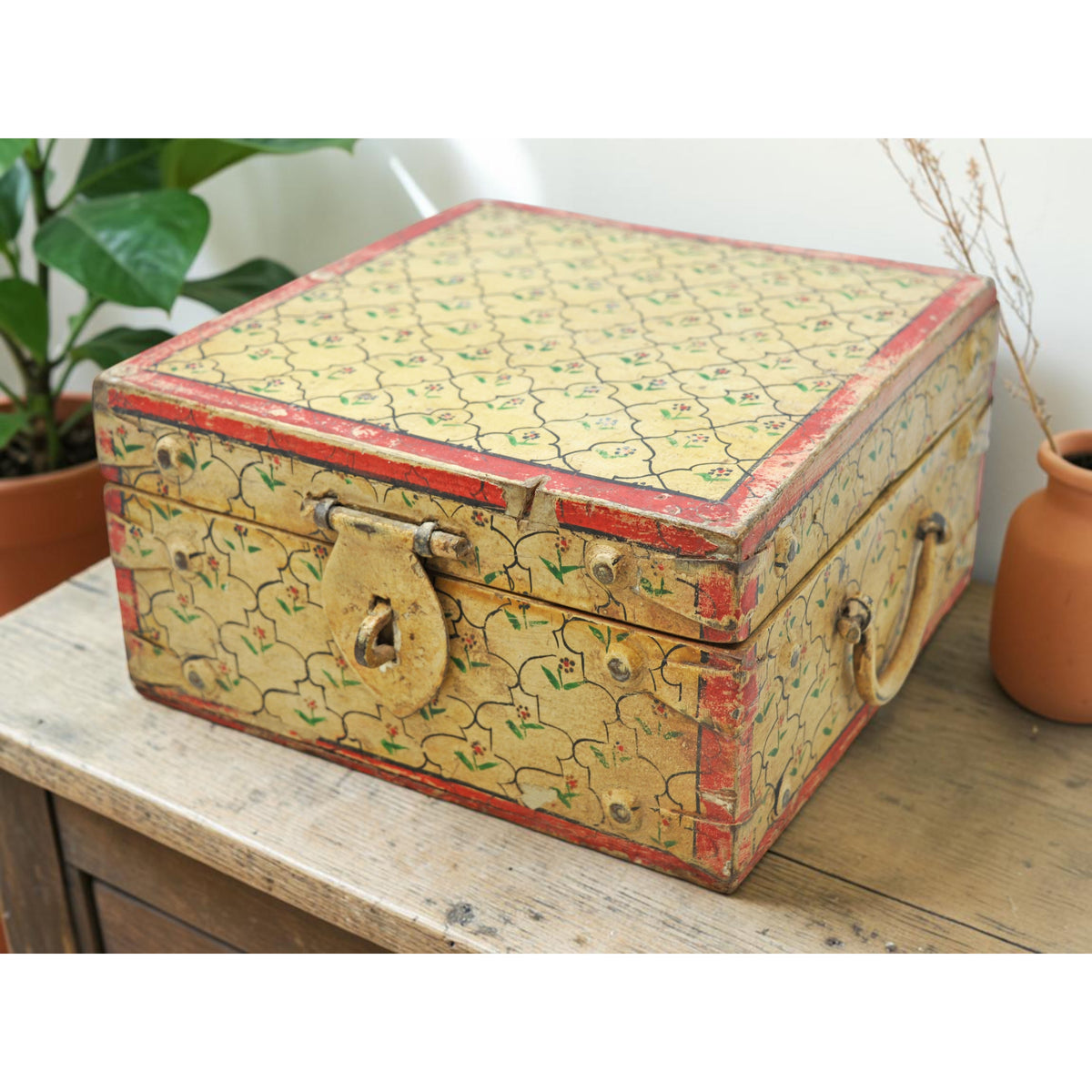Vintage Wooden Square Storage Chest Box Original Old Hand Crafted Painted