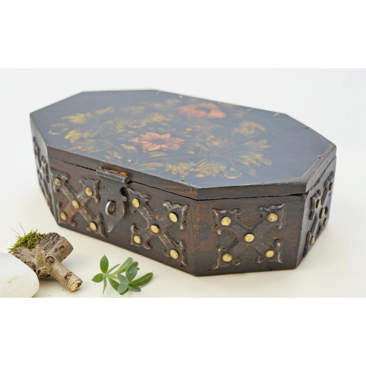 Vintage Wooden Octagonal Storage Box Original Old Hand Crafted Metal Fitted
