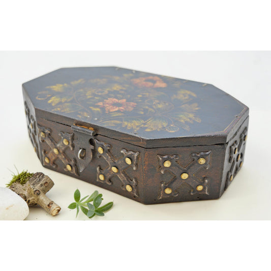 Vintage Wooden Octagonal Storage Box Original Old Hand Crafted Metal Fitted