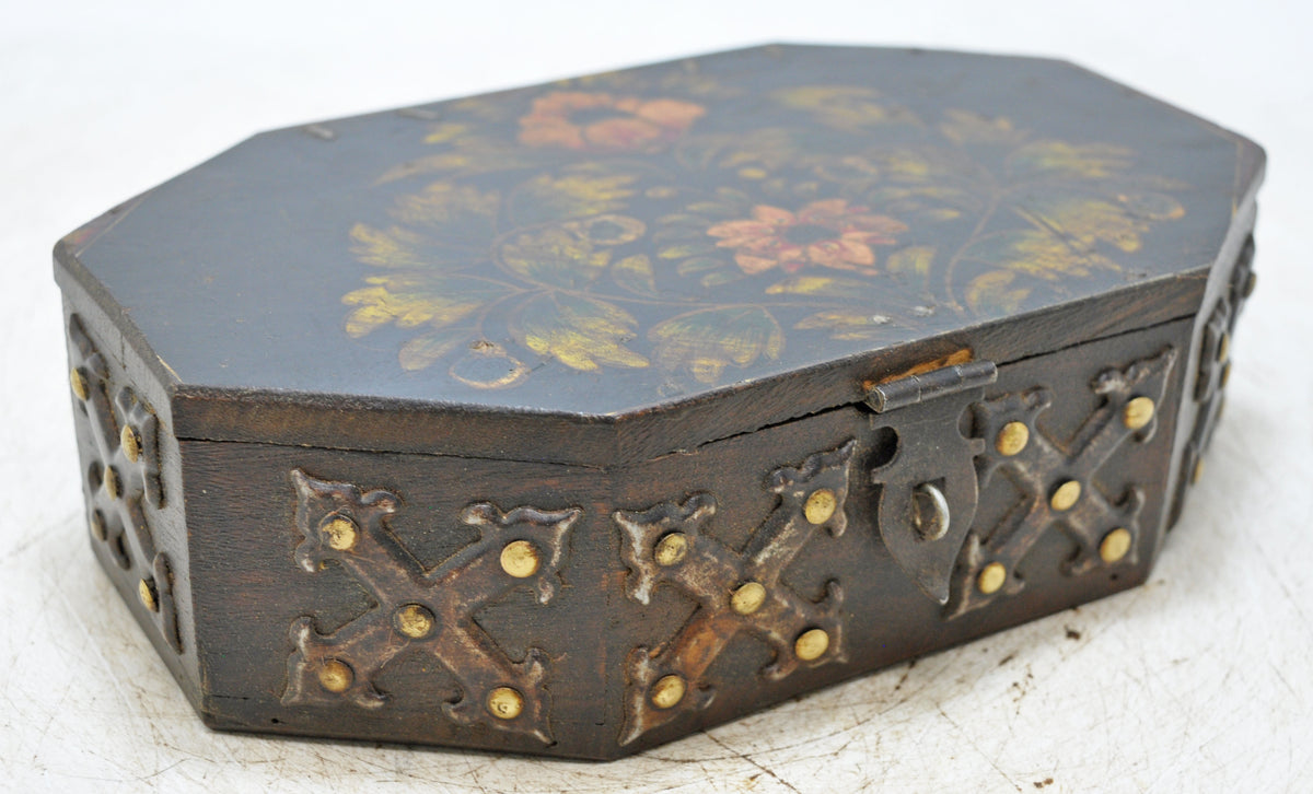 Vintage Wooden Octagonal Storage Box Original Old Hand Crafted Metal Fitted