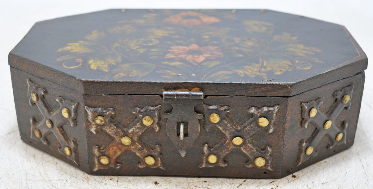 Vintage Wooden Octagonal Storage Box Original Old Hand Crafted Metal Fitted