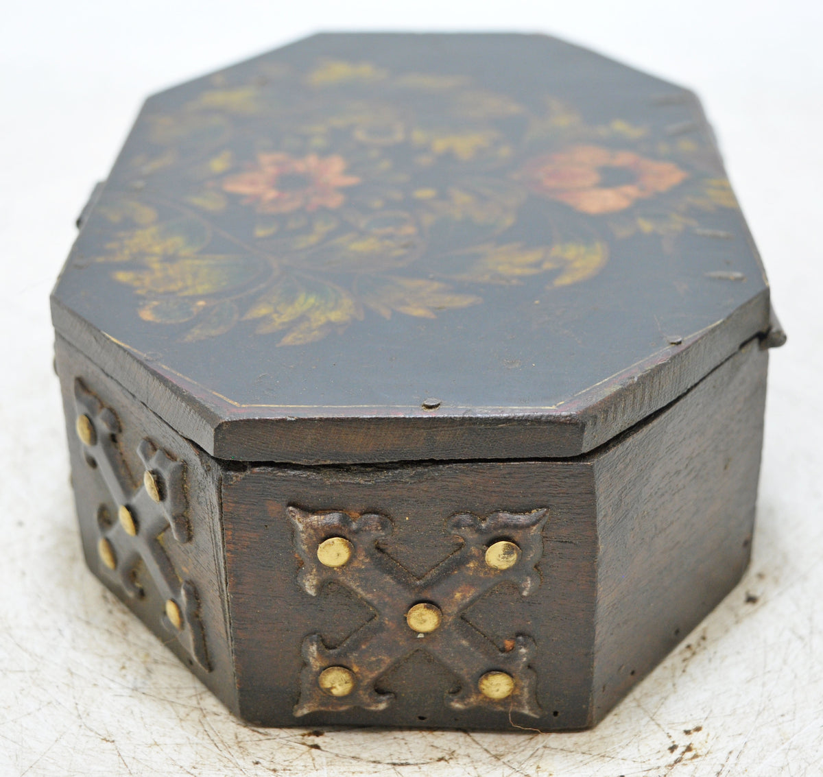 Vintage Wooden Octagonal Storage Box Original Old Hand Crafted Metal Fitted