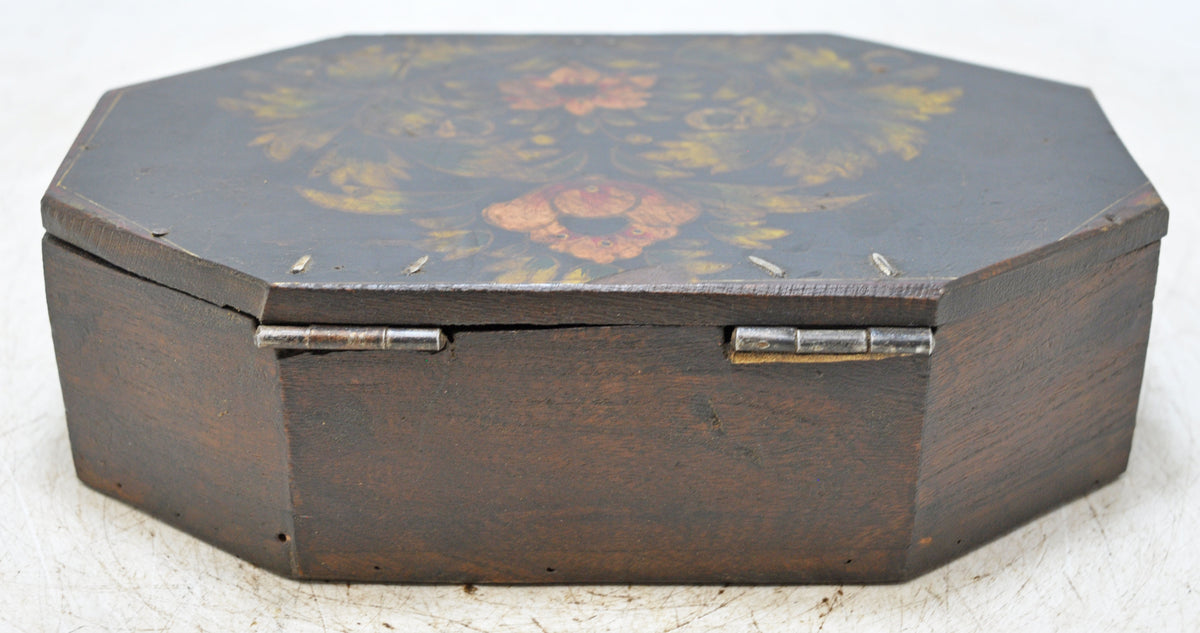 Vintage Wooden Octagonal Storage Box Original Old Hand Crafted Metal Fitted