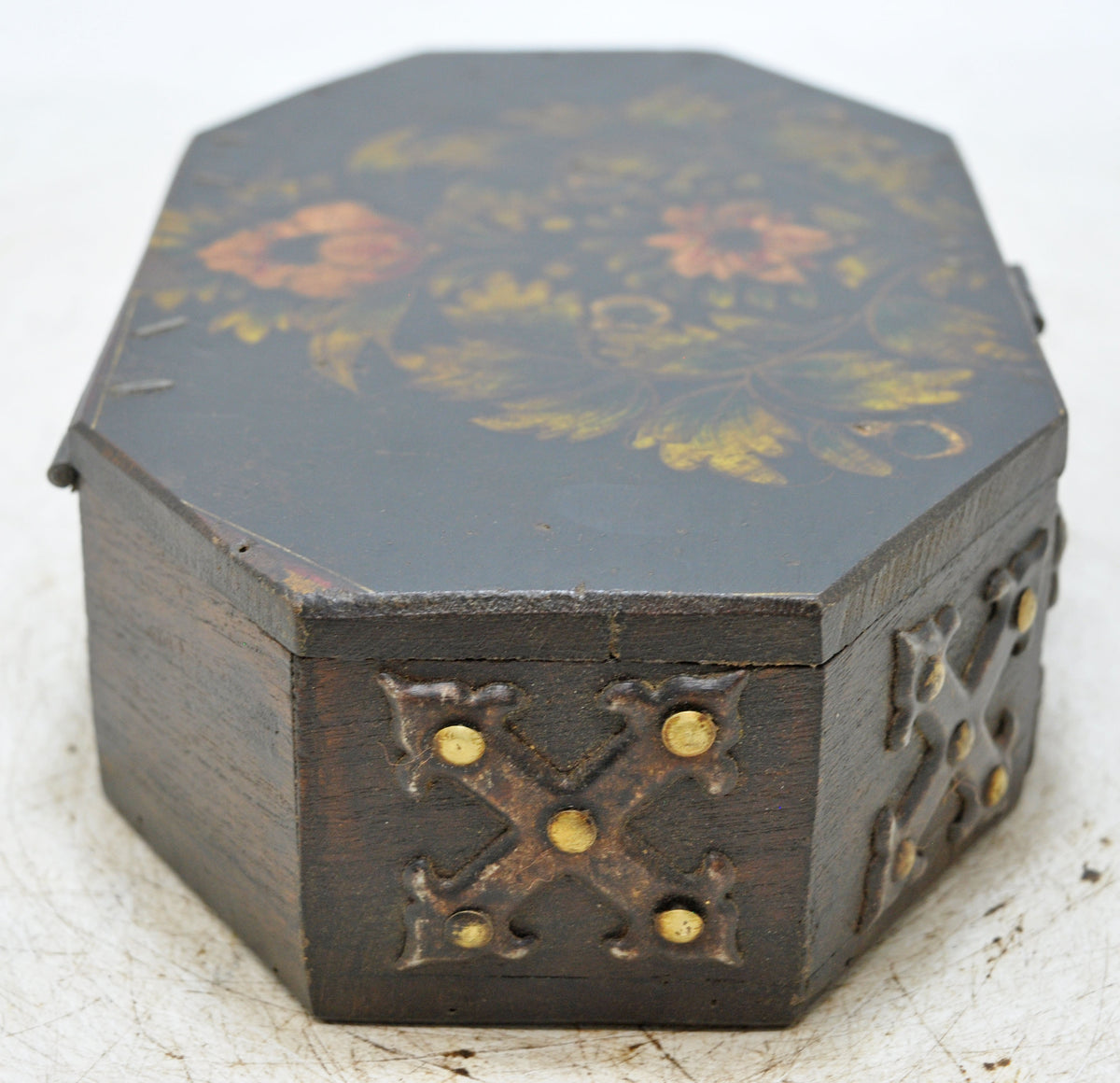 Vintage Wooden Octagonal Storage Box Original Old Hand Crafted Metal Fitted