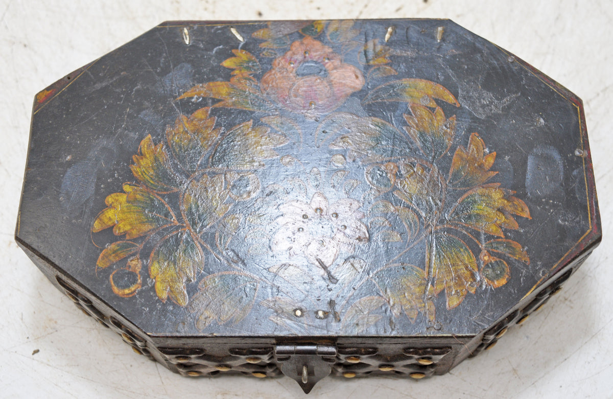 Vintage Wooden Octagonal Storage Box Original Old Hand Crafted Metal Fitted