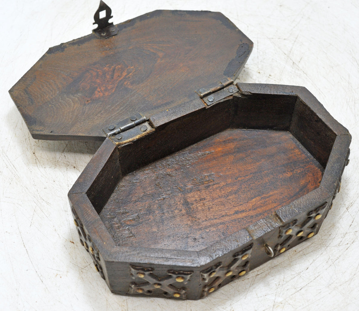 Vintage Wooden Octagonal Storage Box Original Old Hand Crafted Metal Fitted