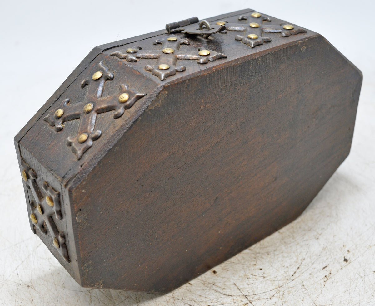 Vintage Wooden Octagonal Storage Box Original Old Hand Crafted Metal Fitted