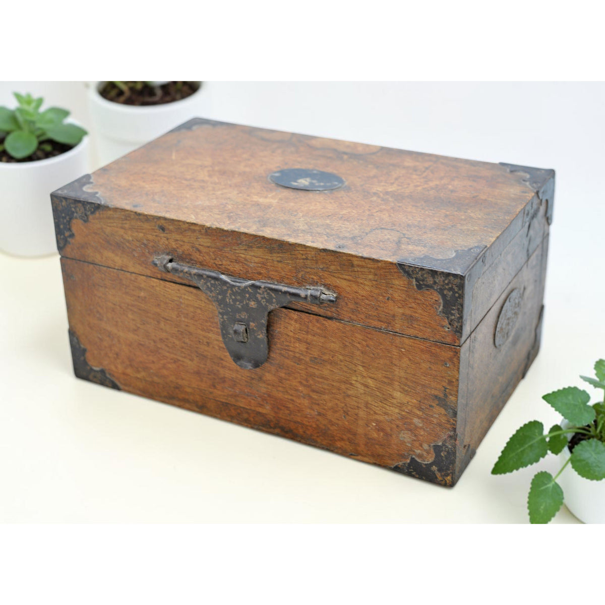 Vintage Wooden Storage Box Original Old Hand Crafted Metal Fitted