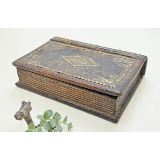 Vintage Wooden Book Shaped Storage Box Original Old Brass Fitted