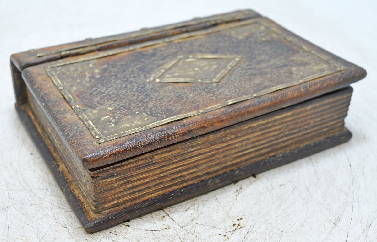 Vintage Wooden Book Shaped Storage Box Original Old Brass Fitted