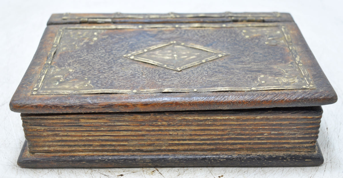 Vintage Wooden Book Shaped Storage Box Original Old Brass Fitted