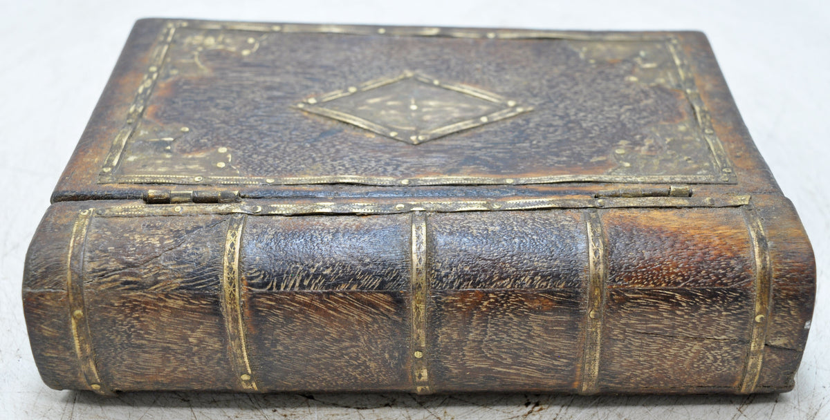 Vintage Wooden Book Shaped Storage Box Original Old Brass Fitted