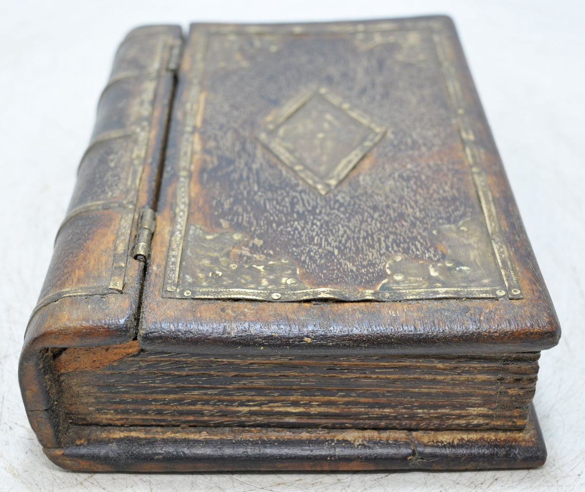 Vintage Wooden Book Shaped Storage Box Original Old Brass Fitted