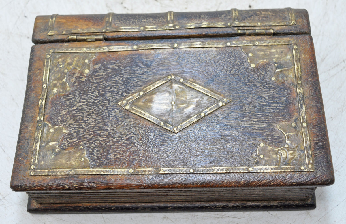 Vintage Wooden Book Shaped Storage Box Original Old Brass Fitted