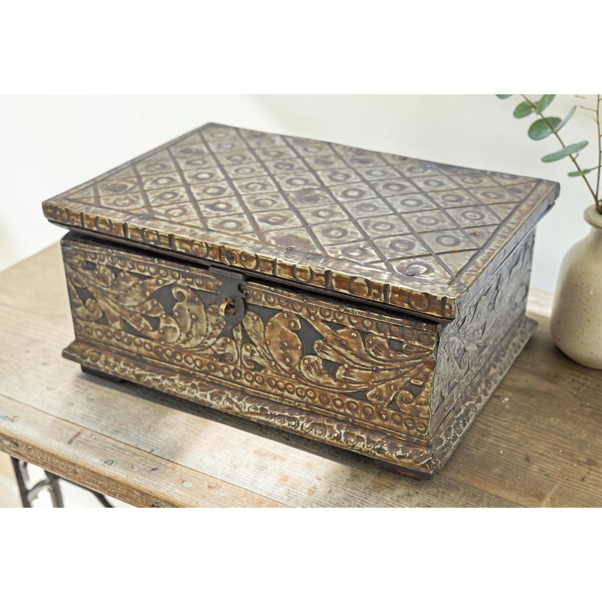 Antique Wooden Storage Chest Box Original Old Very Fine Brass Fitted
