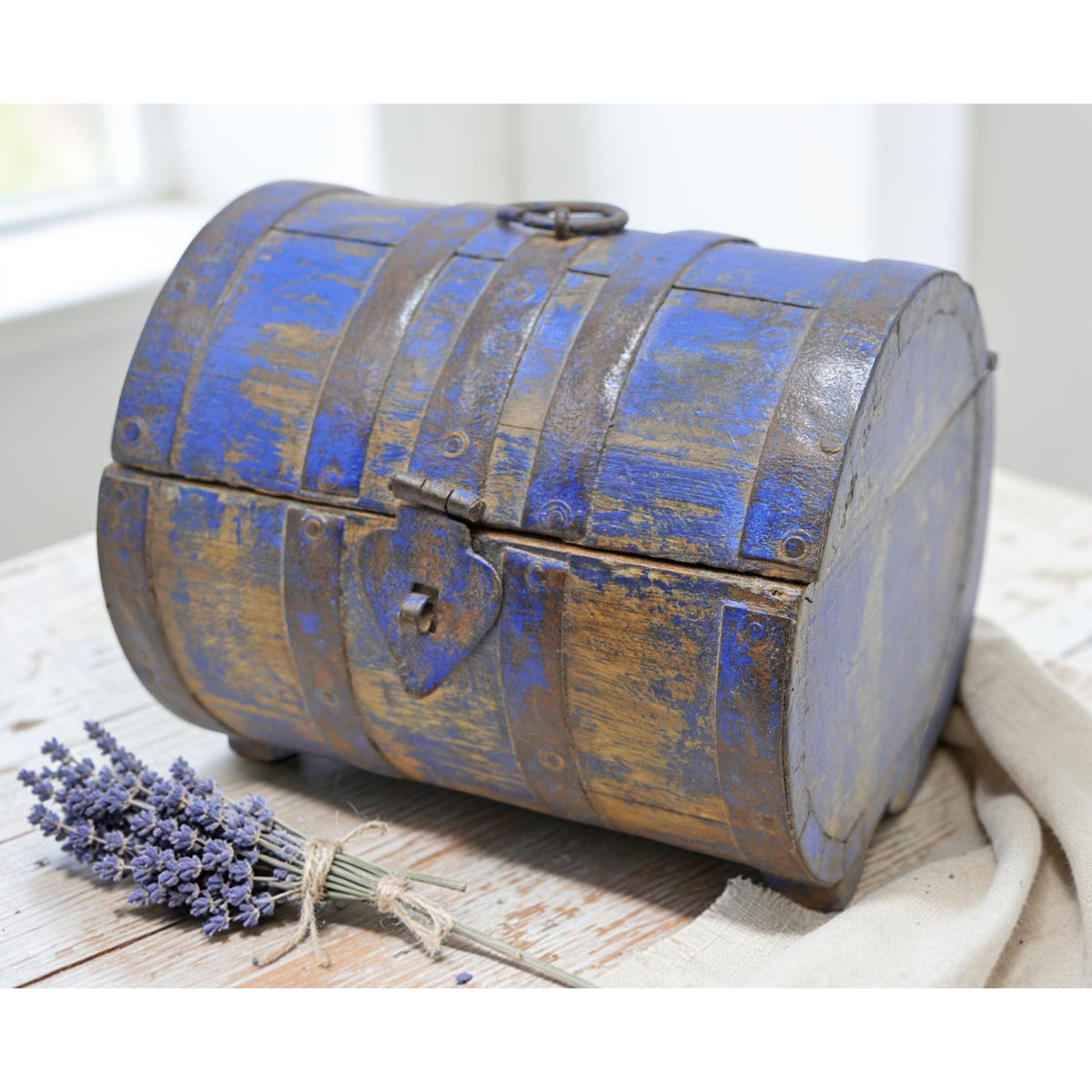 Vintage Wooden Round Storage Box Original Old Hand Crafted Rustic Blue