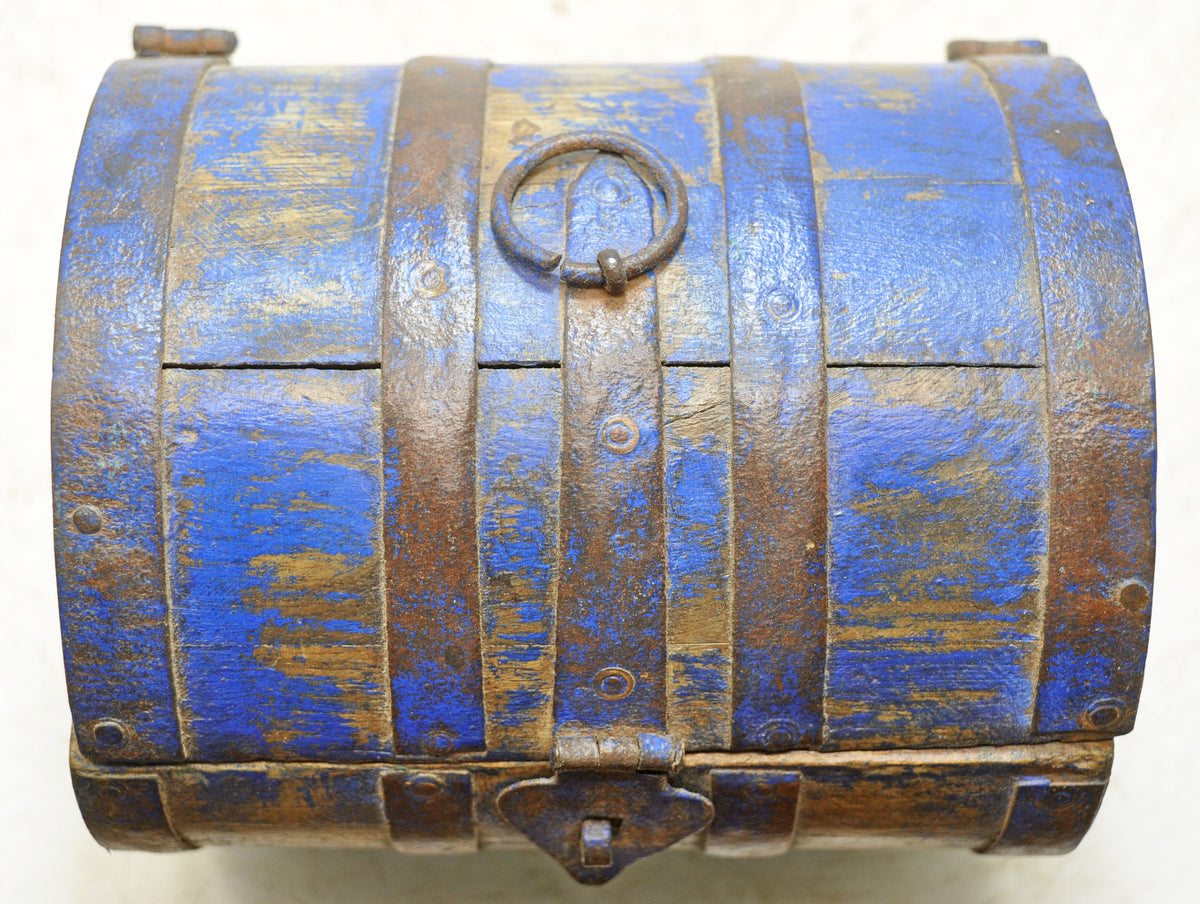 Vintage Wooden Round Storage Box Original Old Hand Crafted Rustic Blue