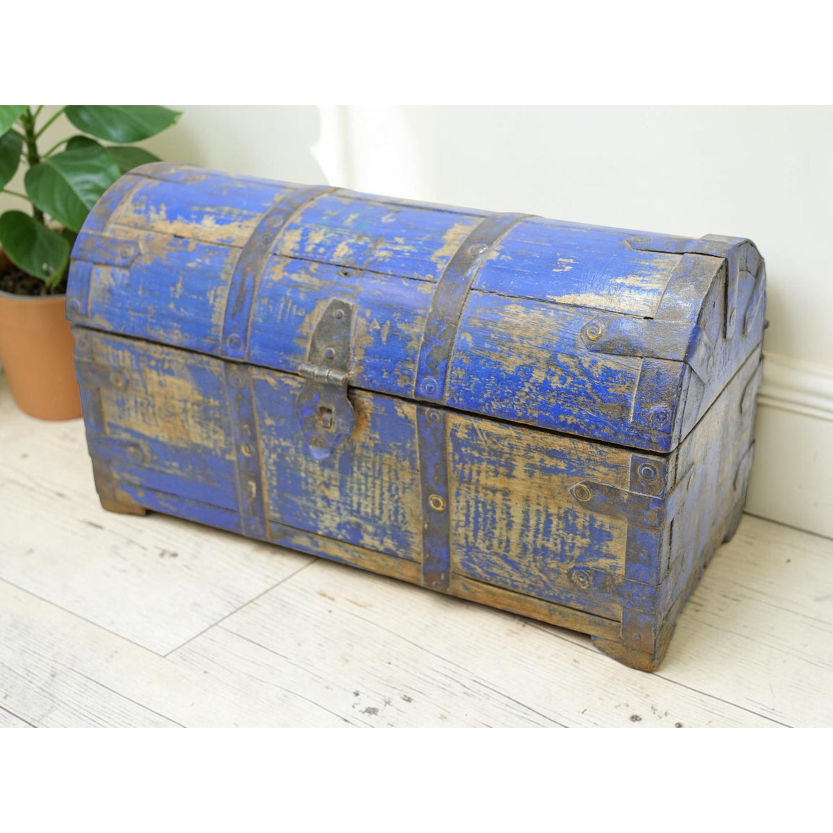 Vintage Wooden Half Round Storage Box Original Old Hand Crafted Rustic Blue
