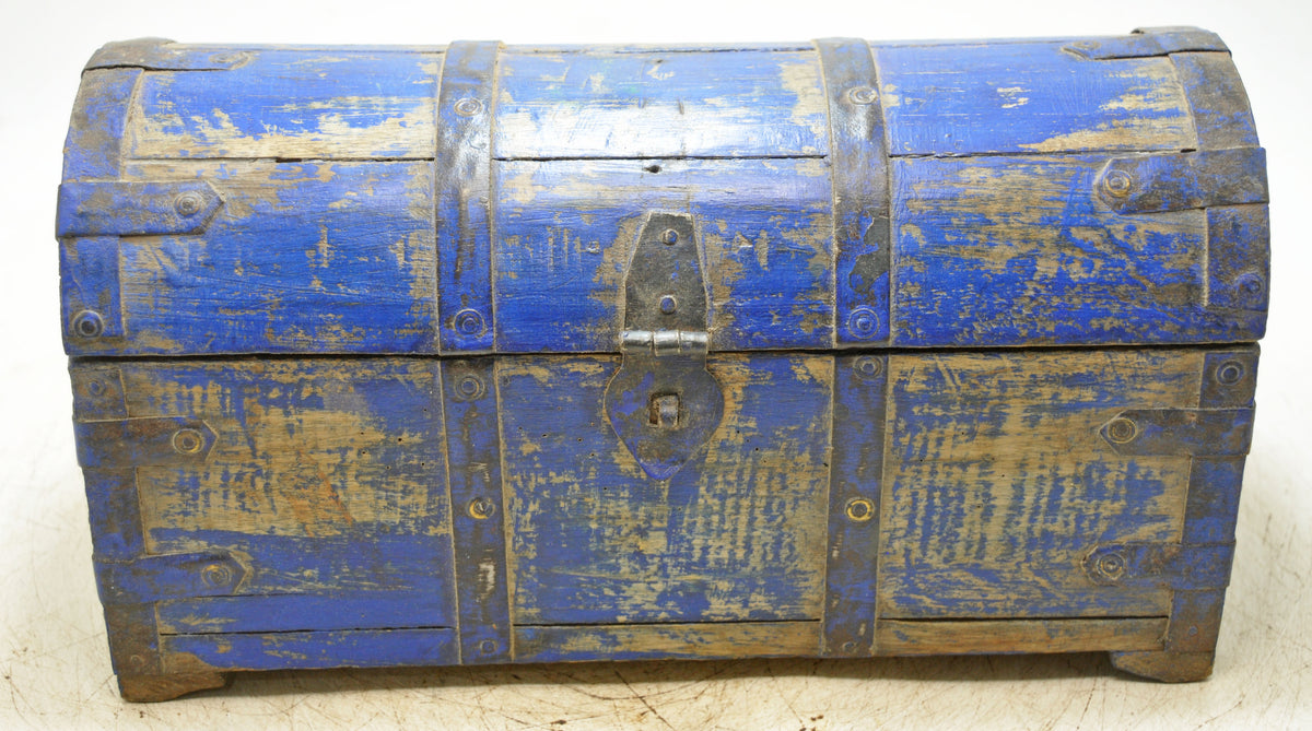 Vintage Wooden Half Round Storage Box Original Old Hand Crafted Rustic Blue